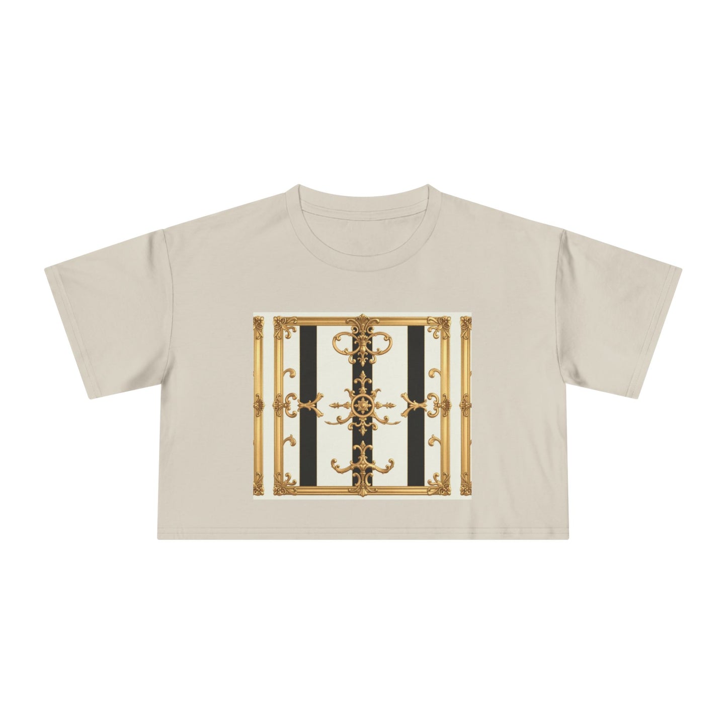 Chic Gold Baroque Women's Crop Tee, Stylish Summer Top, Fashionable Gift for Her, Casual Fashion - Black & White Striped Gold Baroque
