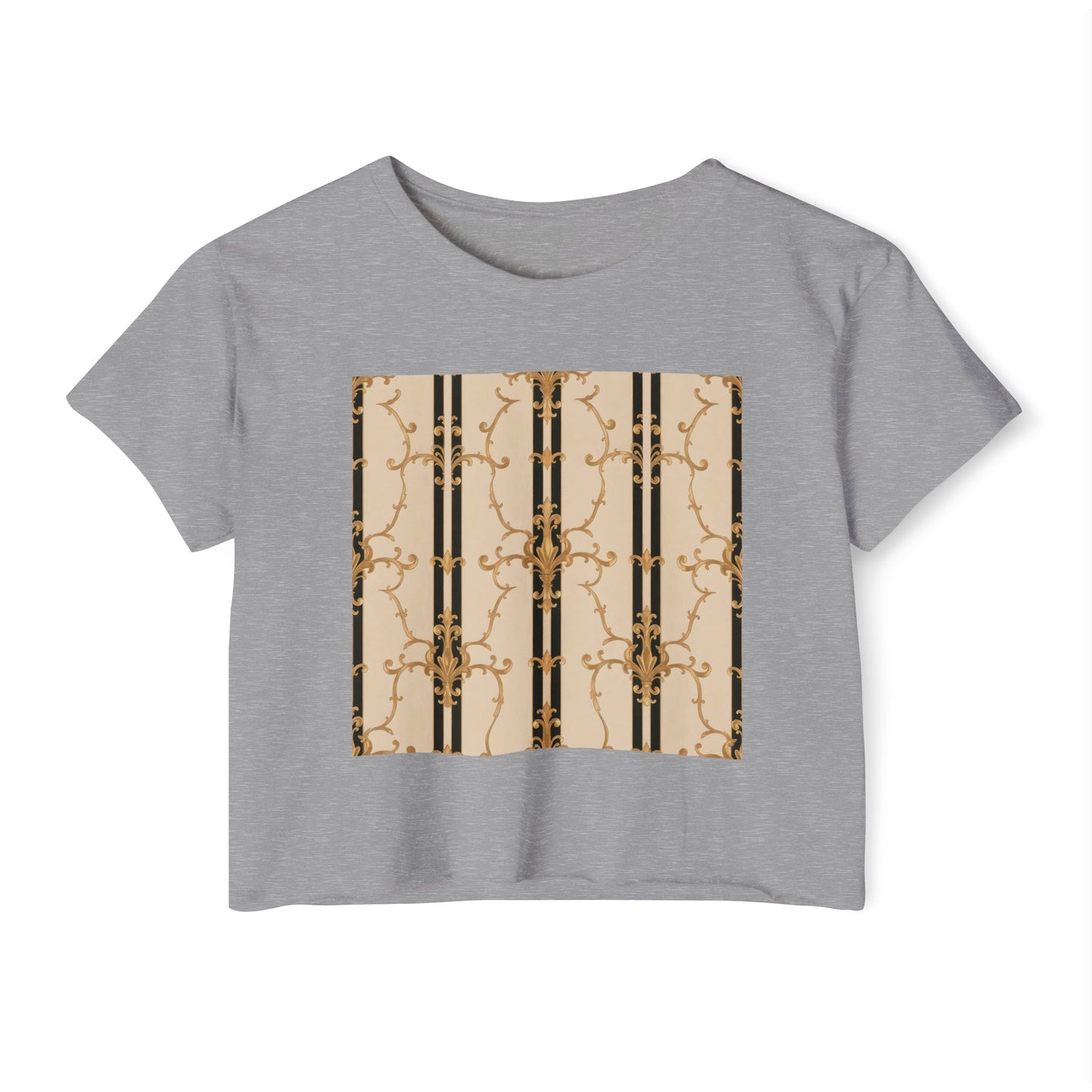 Festival Crop Top, Stylish Summer Tee, Trendy Women's Shirt, Festival Wear, Perfect for Music Events - Black & Beige Striped Damask