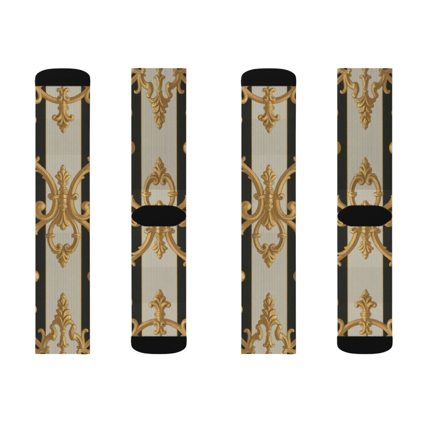 Luxurious Black & Alabaster Striped Baroque Patterned Socks - Stylish Sublimation Socks for Daily Wear, Gifts, Fashion Accessories, Special Occasions