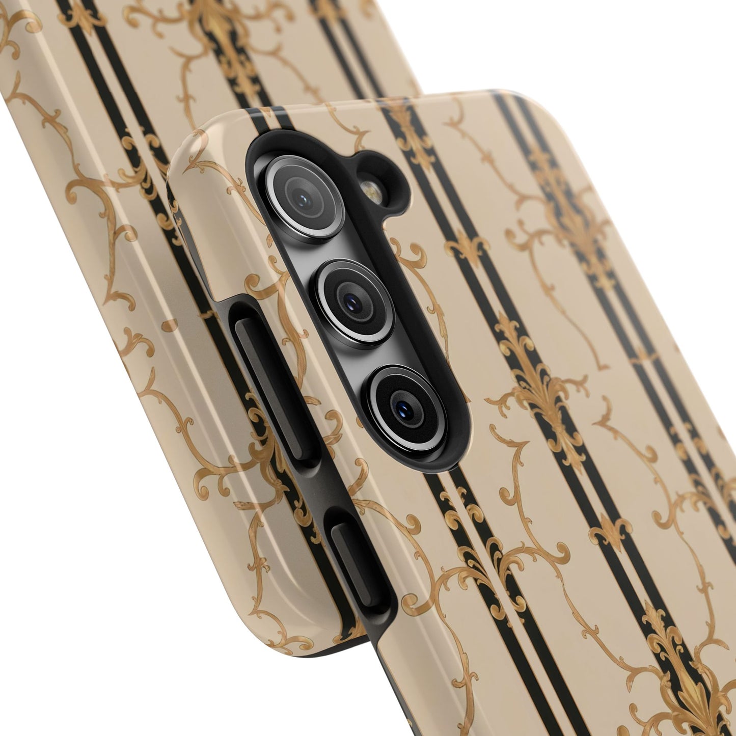 Elegantly Tough Phone Cases | Stylish Phone Covers, Durable Cases, Fashionable Accessories - Black & Beige Striped Damask