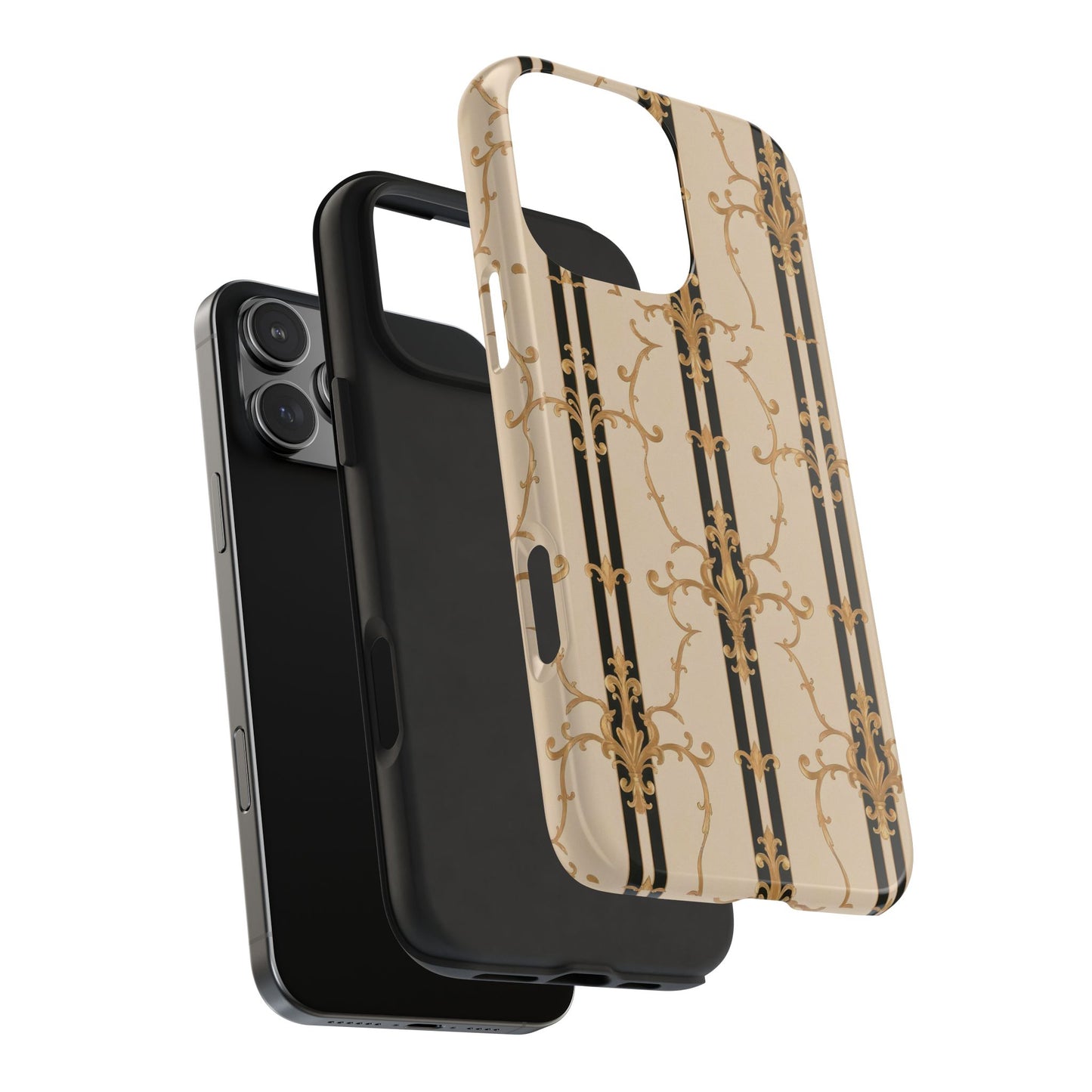 Elegantly Tough Phone Cases | Stylish Phone Covers, Durable Cases, Fashionable Accessories - Black & Beige Striped Damask