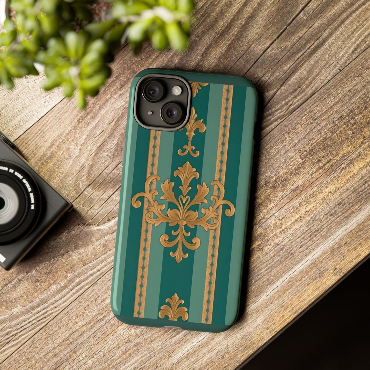 Elegant Floral Motif Phone Case - Tough Cases with Vintage Design - Teal Striped Gold Damask