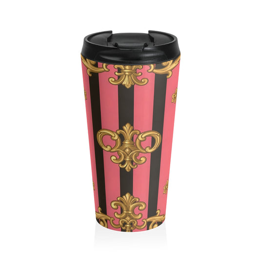 Chic Pink Travel Mug, Elegant Coffee Cup, Perfect for Gifts, Stylish Insulated Mug - Pink & Black Striped Gold Baroque