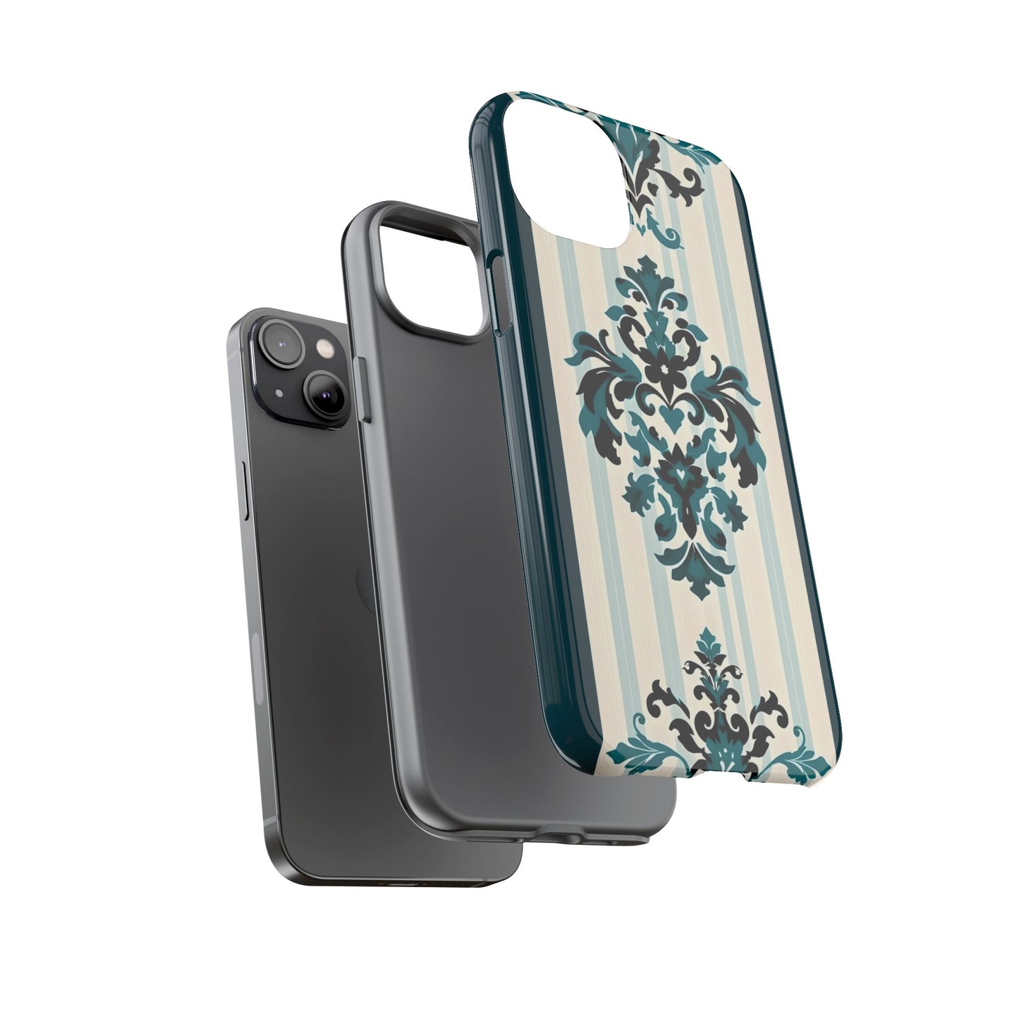 Elegant Floral Phone Case - Tough Cases with Vintage Design - Teal Striped Damask