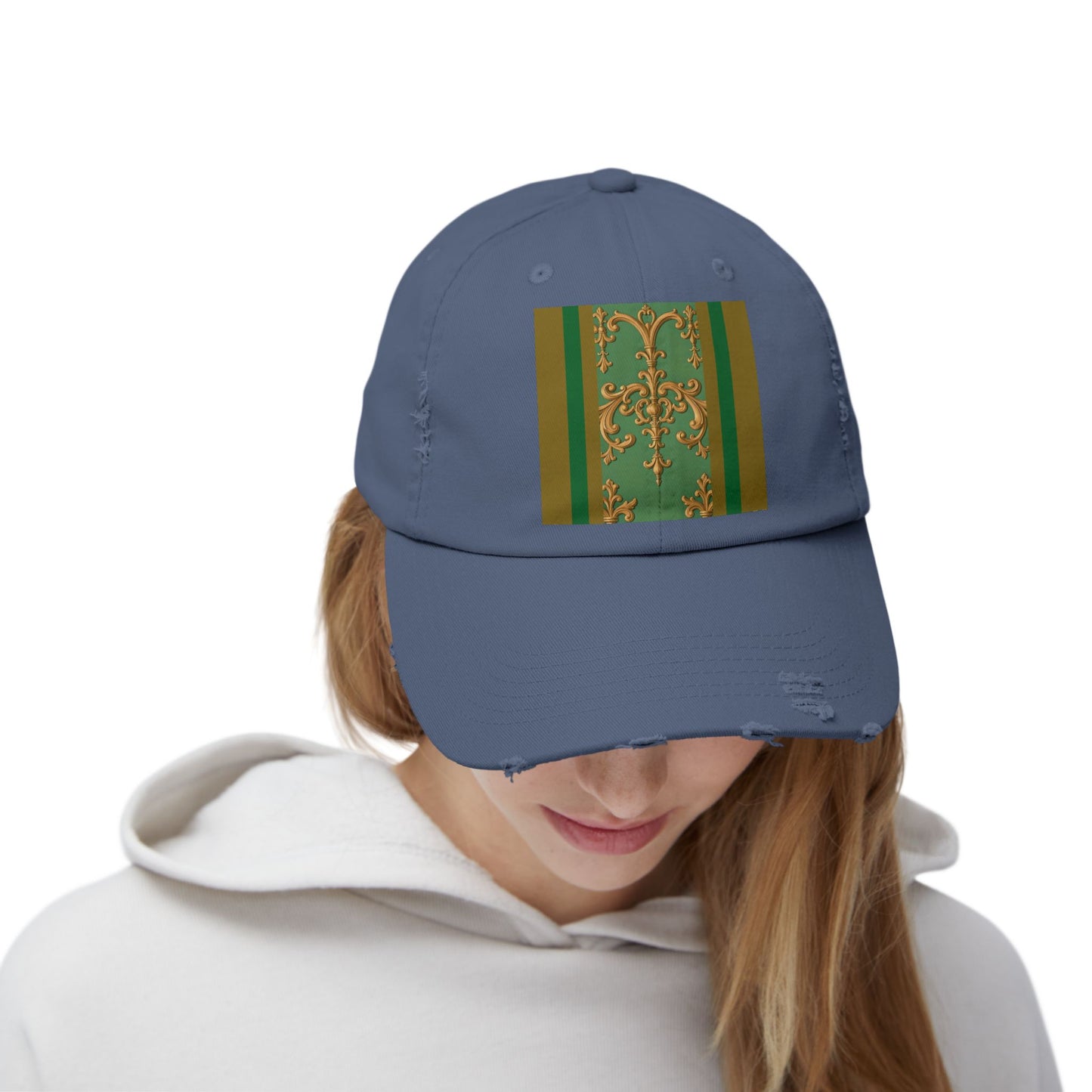 Stylish Unisex Distressed Cap with Unique Floral Design, Trending Accessory for Men and Women - Olive Green Striped Rococo