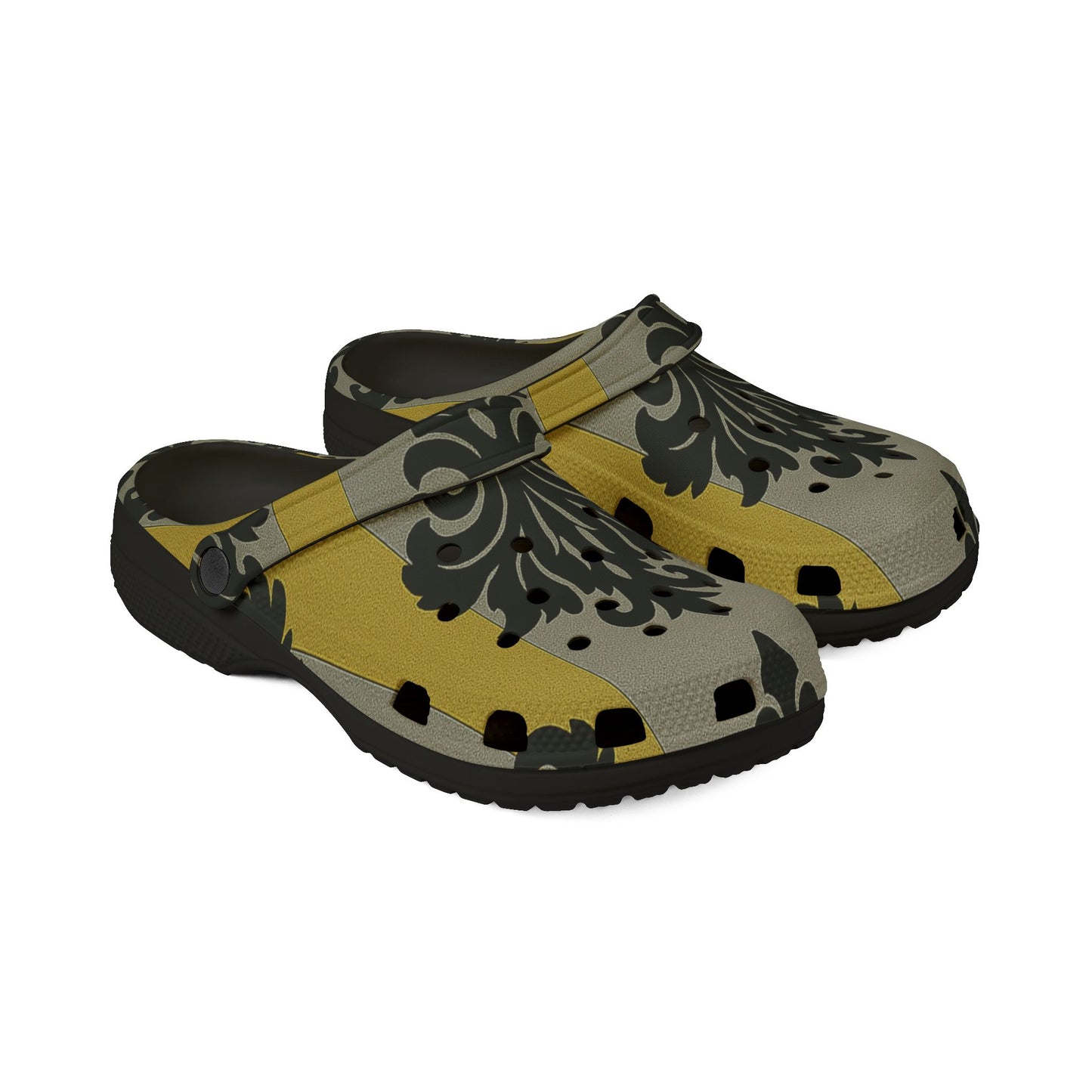 Chic EVA Foam Clogs in Vintage Baroque Design, Comfortable Garden Shoes, Lightweight Slip-On Footwear - Silver & Gold Striped Black Baroque
