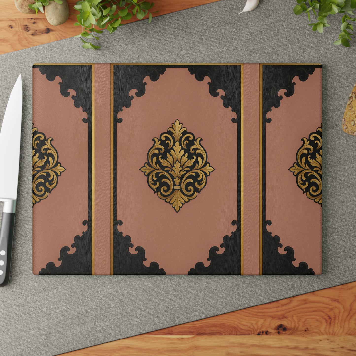 Mauve & Black-Gold Baroque Elegant Glass Cutting Board with Ornate Design, Kitchen Decor, Gift for Home Chef, Wedding Registry, Housewarming Gift
