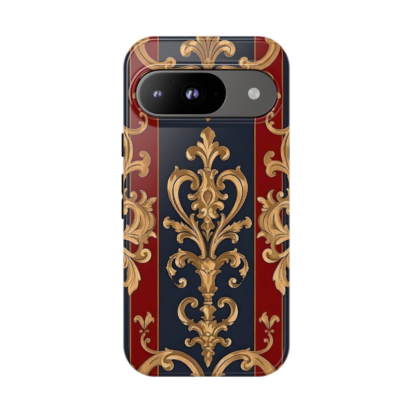 Elegant Floral Motif Phone Case - Tough Cases with Vintage Design - Midnight Blue & Dusk Red Striped Gold Damask
