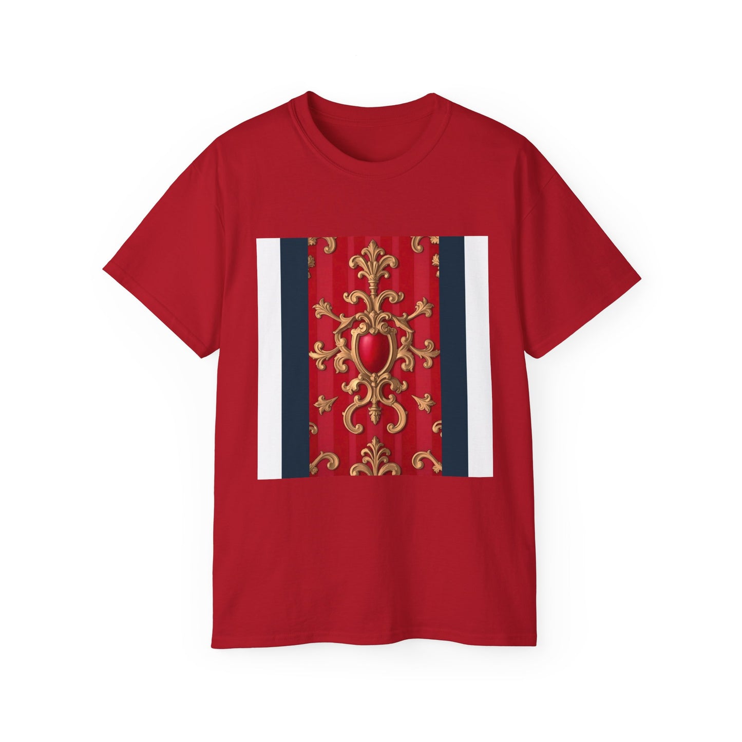 Regal Red Baroque T-Shirt, Artistic Tee, Gift for Art Lovers, Fashionable Statement Shirt, Unique Graphic Top - Blue, Red & White Striped Baroque