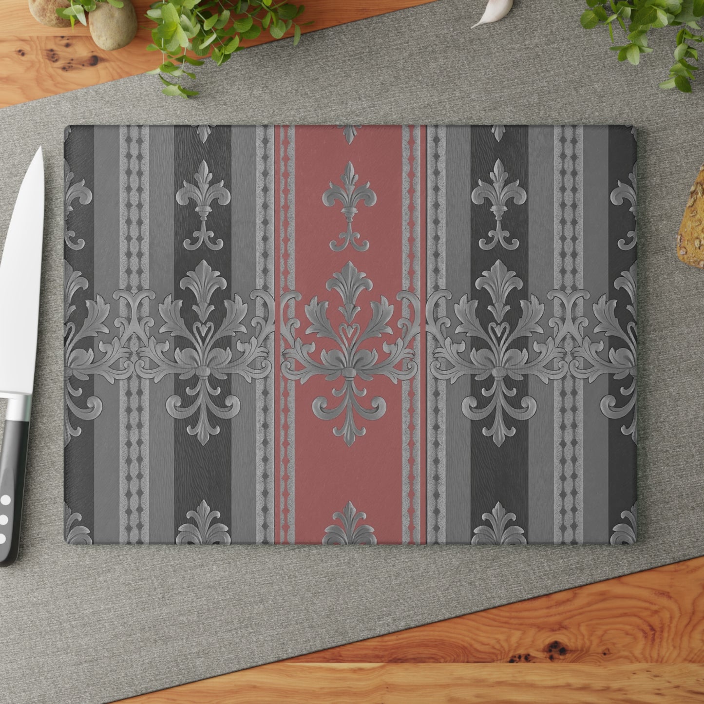 Glass Cutting Board - Gray & Mauve Striped Baroque