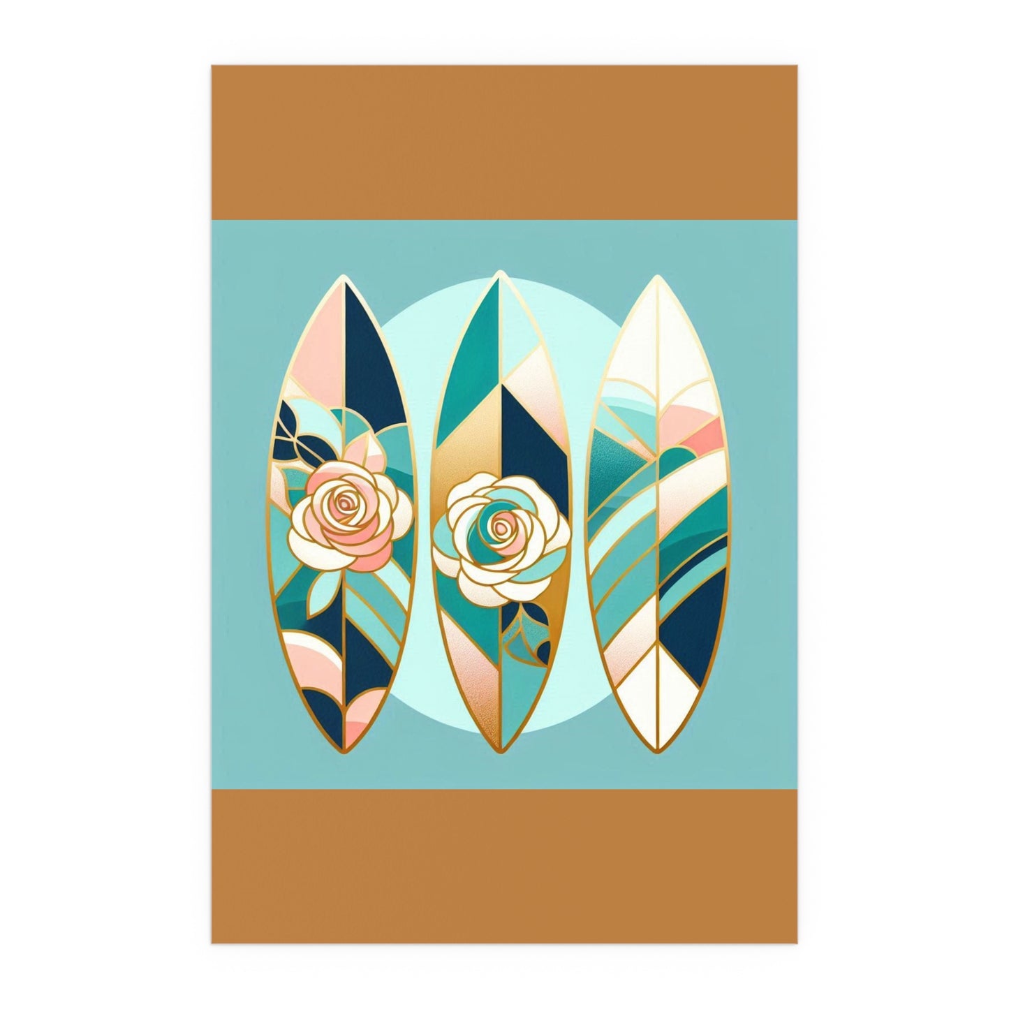 Elegant Floral Silk Poster - Indoor/Outdoor Wall Art for Home Decor - Blue, Pink & Aqua Surfboard & Roses