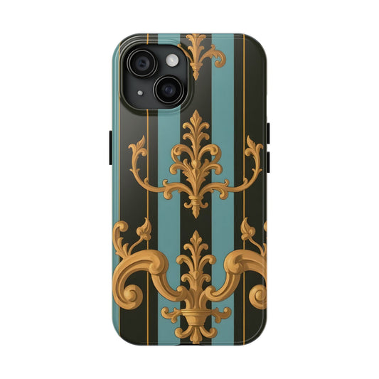 Elegant Baroque Tough Phone Case, Stylish Phone Cover, Durable iPhone Case, Unique Gift - Black & Turquoise Striped Baroque