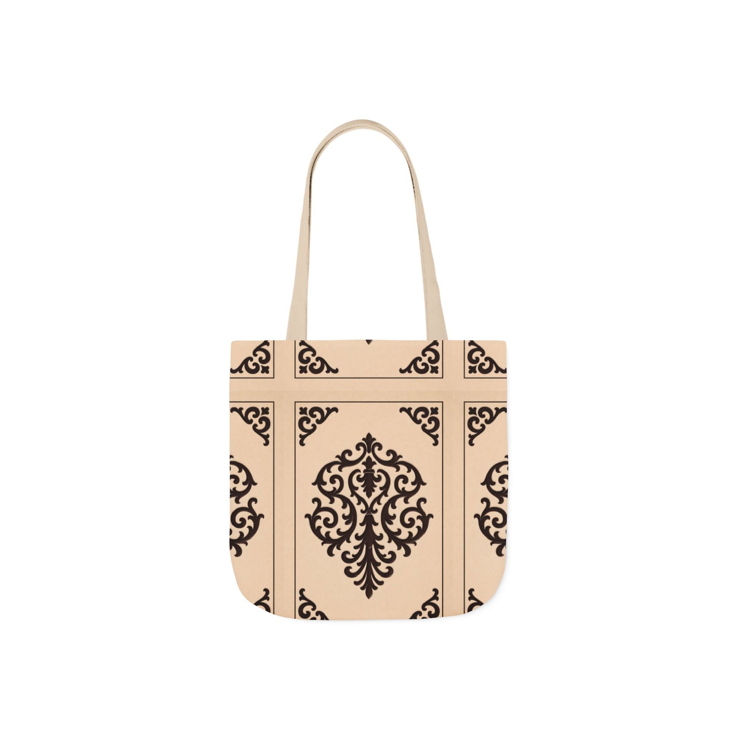 Almond-Beige & Brown Baroque Canvas Tote Bag — Elegant Vintage Pattern Beach & Market Bag