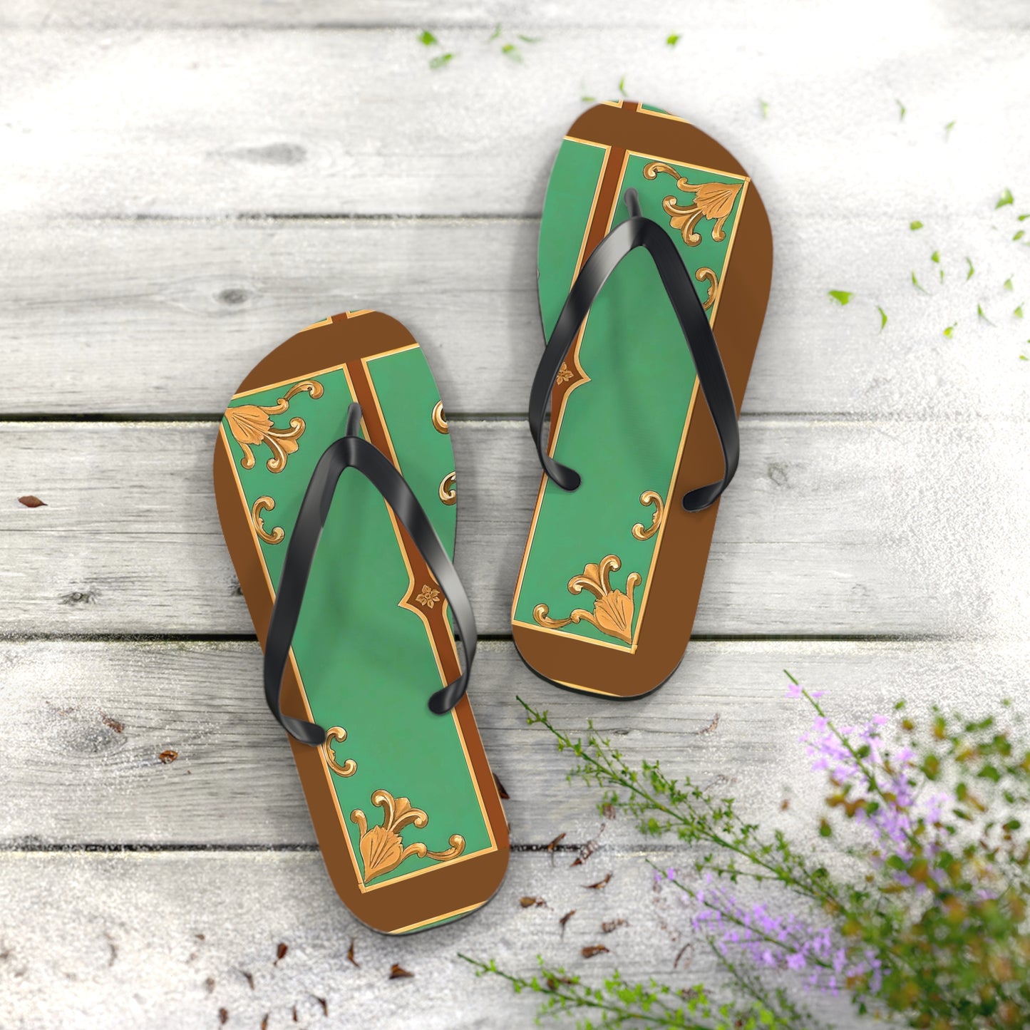 Elegant Floral Flip Flops for Summer Getaways - Rust & Green Striped Baroque