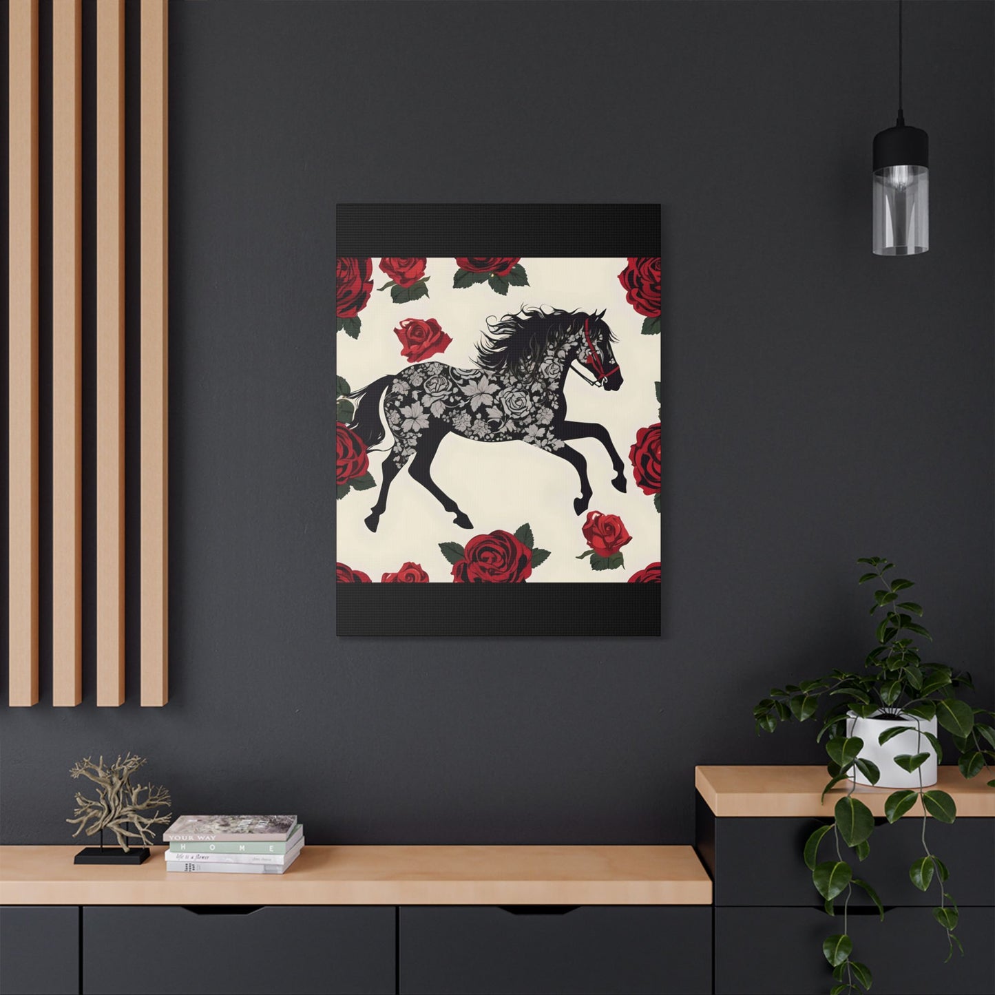 Art Print Canvas, Wall Decor, Satin Stretched Canvas, Equestrian Art, Office Decor, Home Decor - Horse & Roses