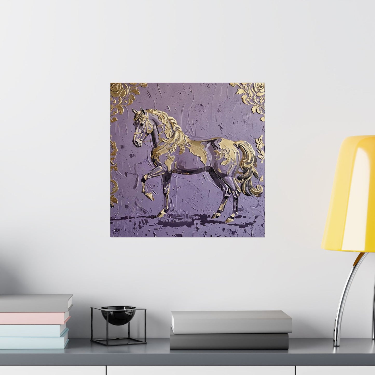 Floral Motif Art Poster - Elegant Matte Vertical Wall Decor - Lavender & Gold Damask Horse