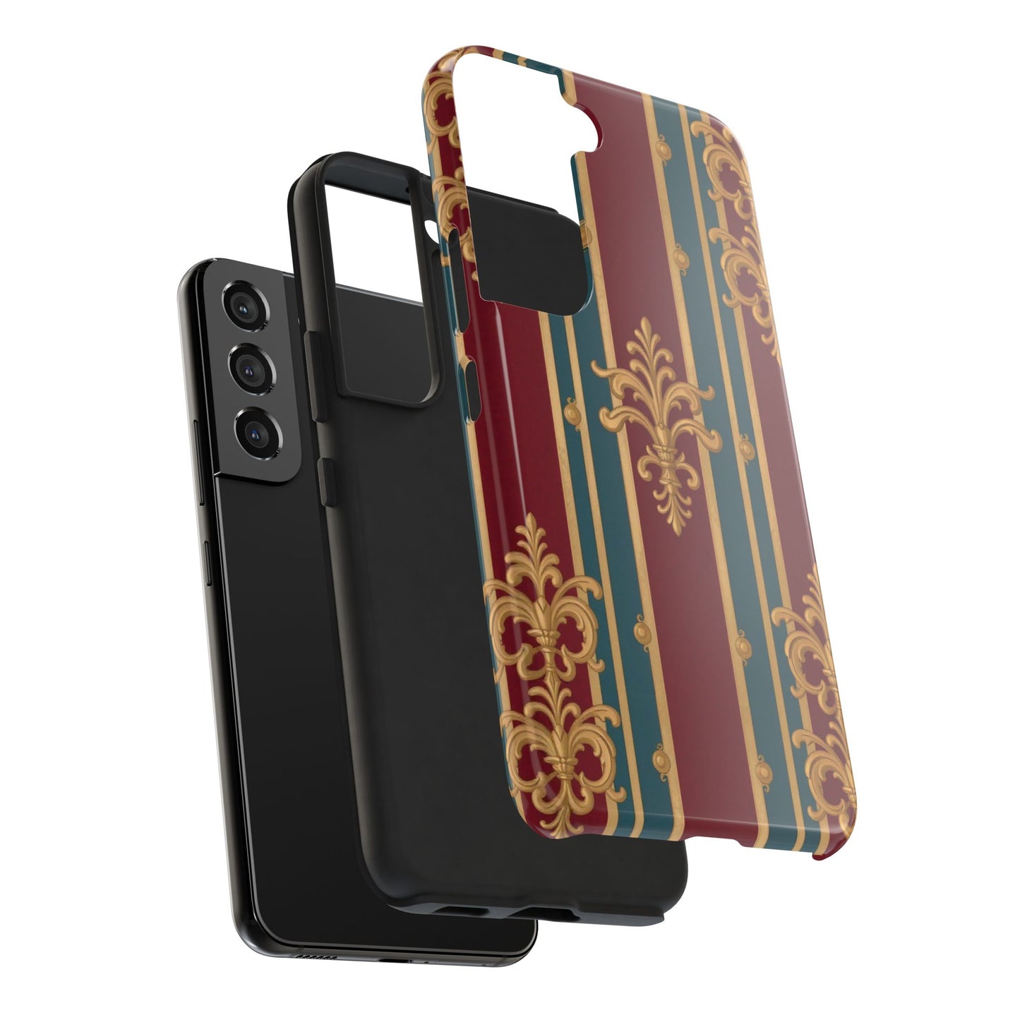 Elegant Vintage Tough Phone Case, Luxury Phone Protection, Stylish Phone Cover, Durable Phone Accessory - Burgundy Striped Gold Baroque
