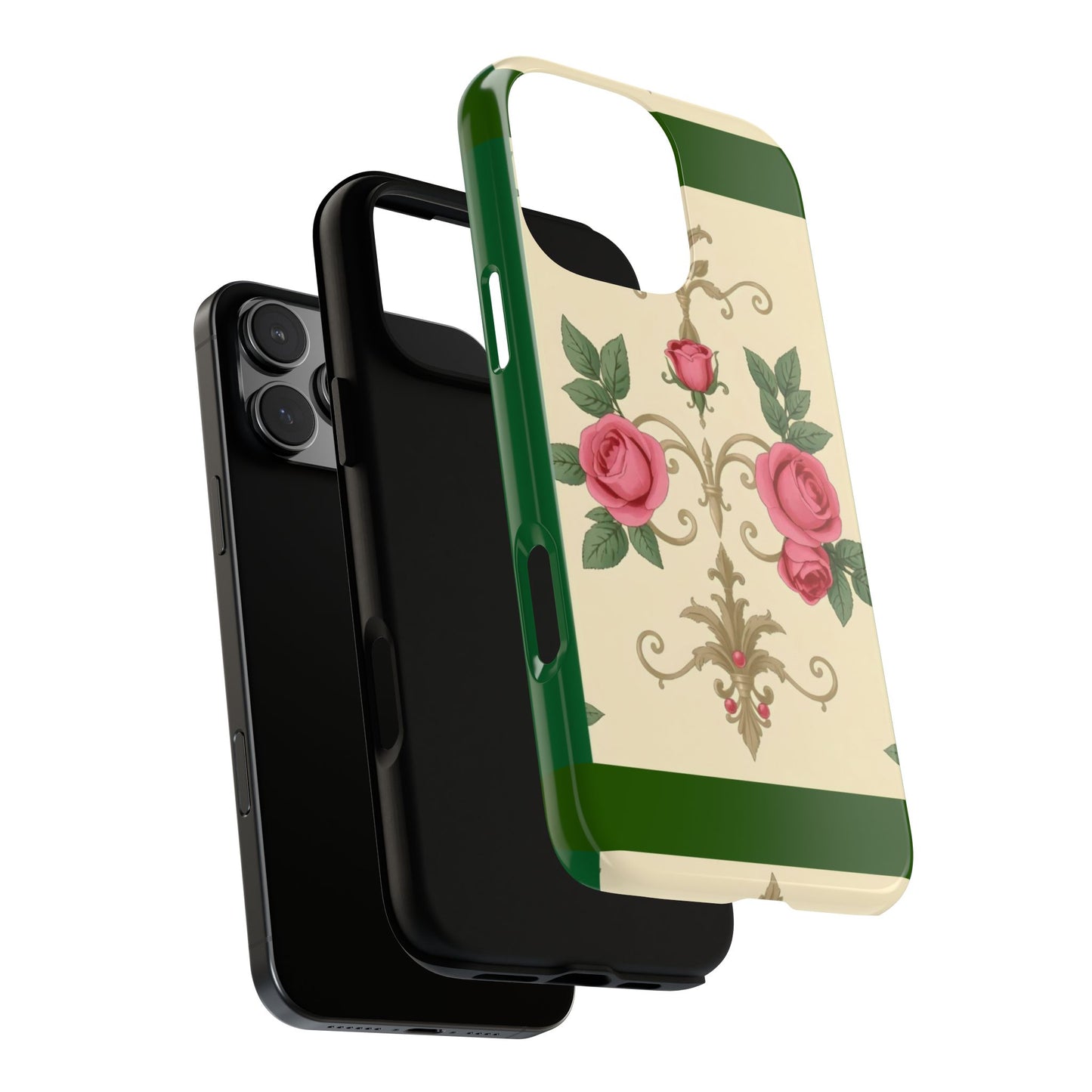 Elegant Floral Motif Phone Case - Tough Cases with Vintage Design - Green Border Roses & Damask