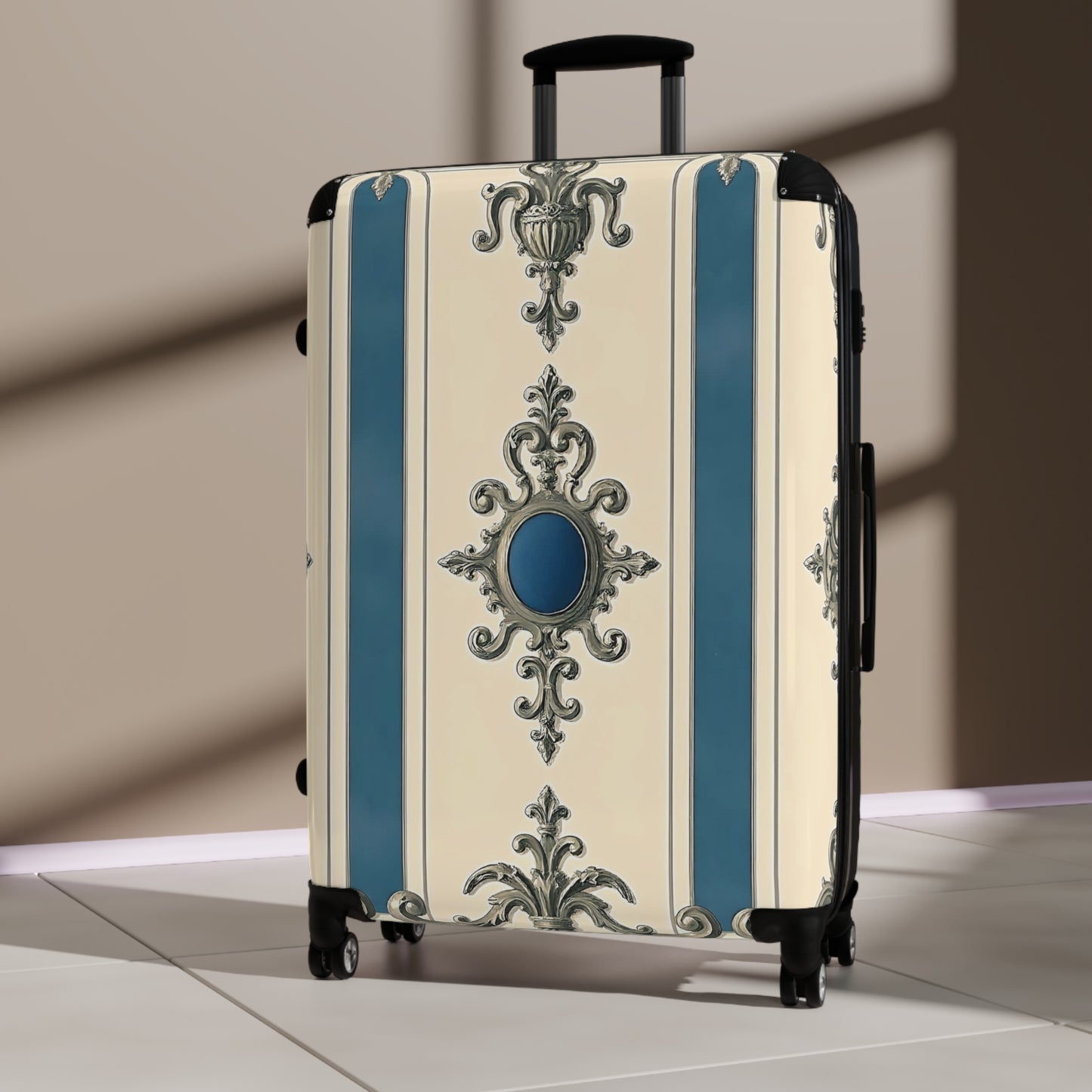 Elegant Vintage Style Suitcase for Travel - Alabaster & Ocean Blue Baroque