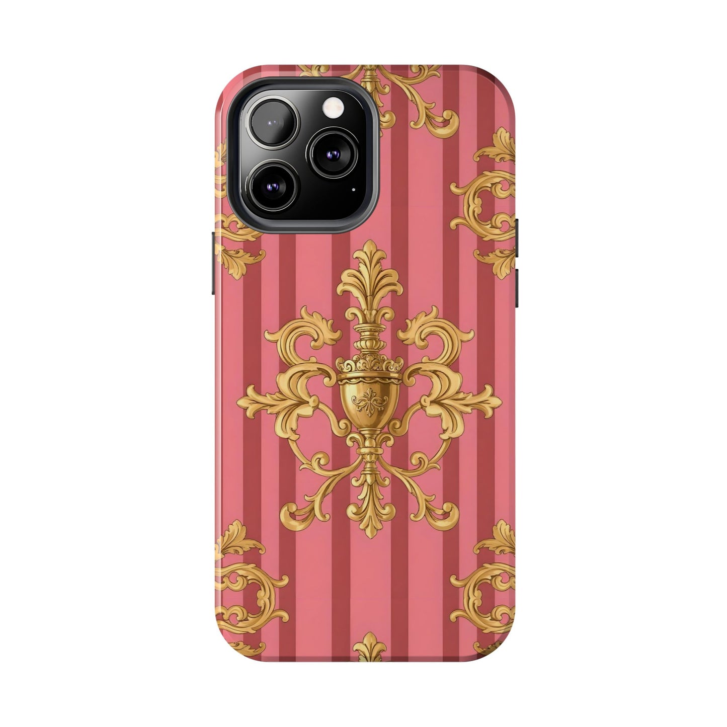 Elegant Baroque Tough Phone Cases, Durable Phone Cover, Stylish Accessory, Gift for Any Occasion - Pink Striped Gold Baroque