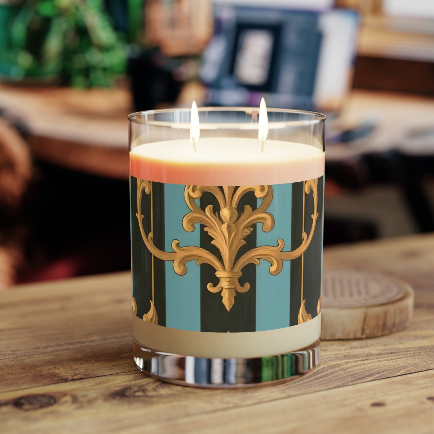 Elegant Scented Candle - Charming Home Décor, Aromatherapy Gift, Luxurious Home Fragrance - Black & Turquoise Striped Baroque