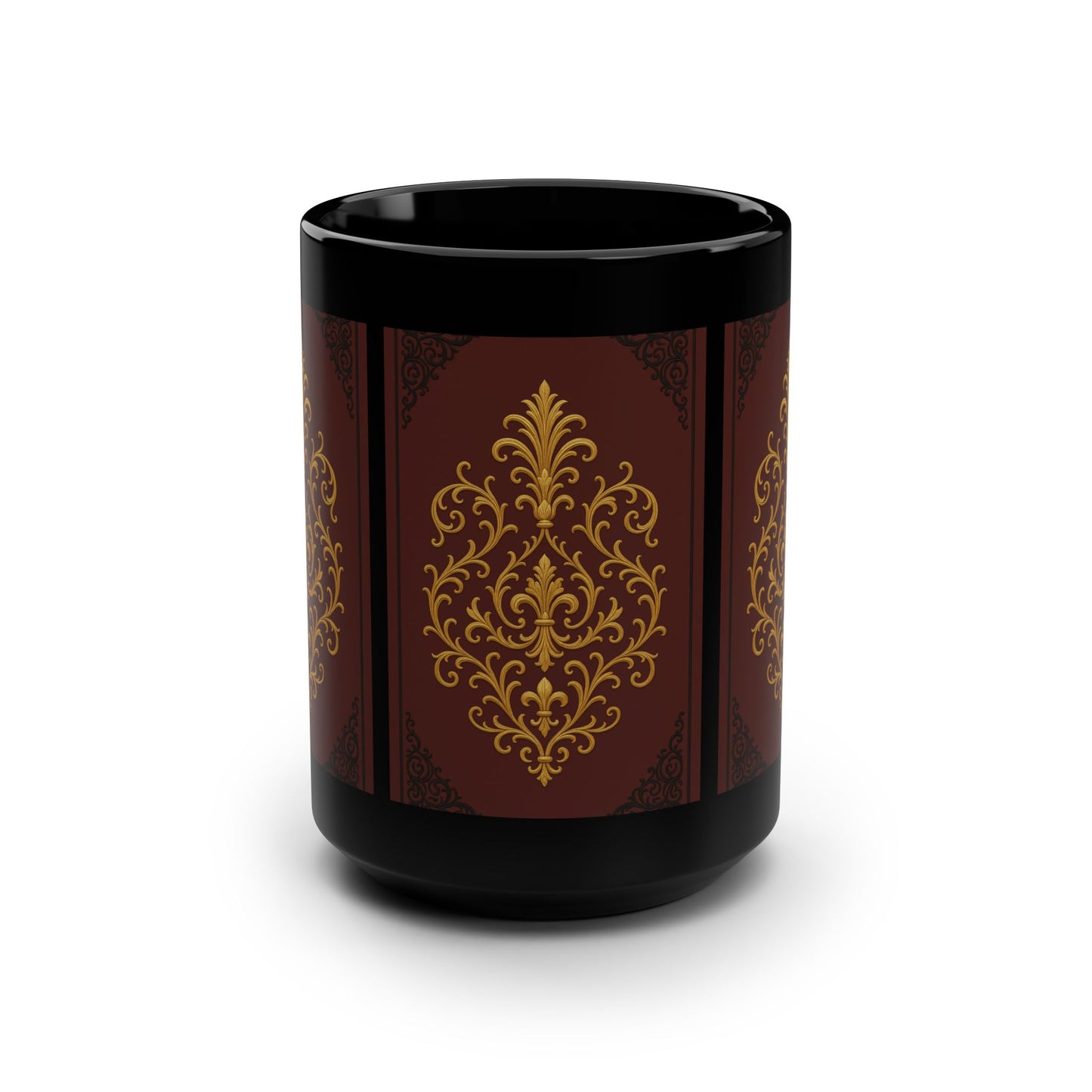Dusk Burgundy-Black & Gold Baroque Coffee Mug — 15oz Black Ceramic Elegant Vintage Pattern