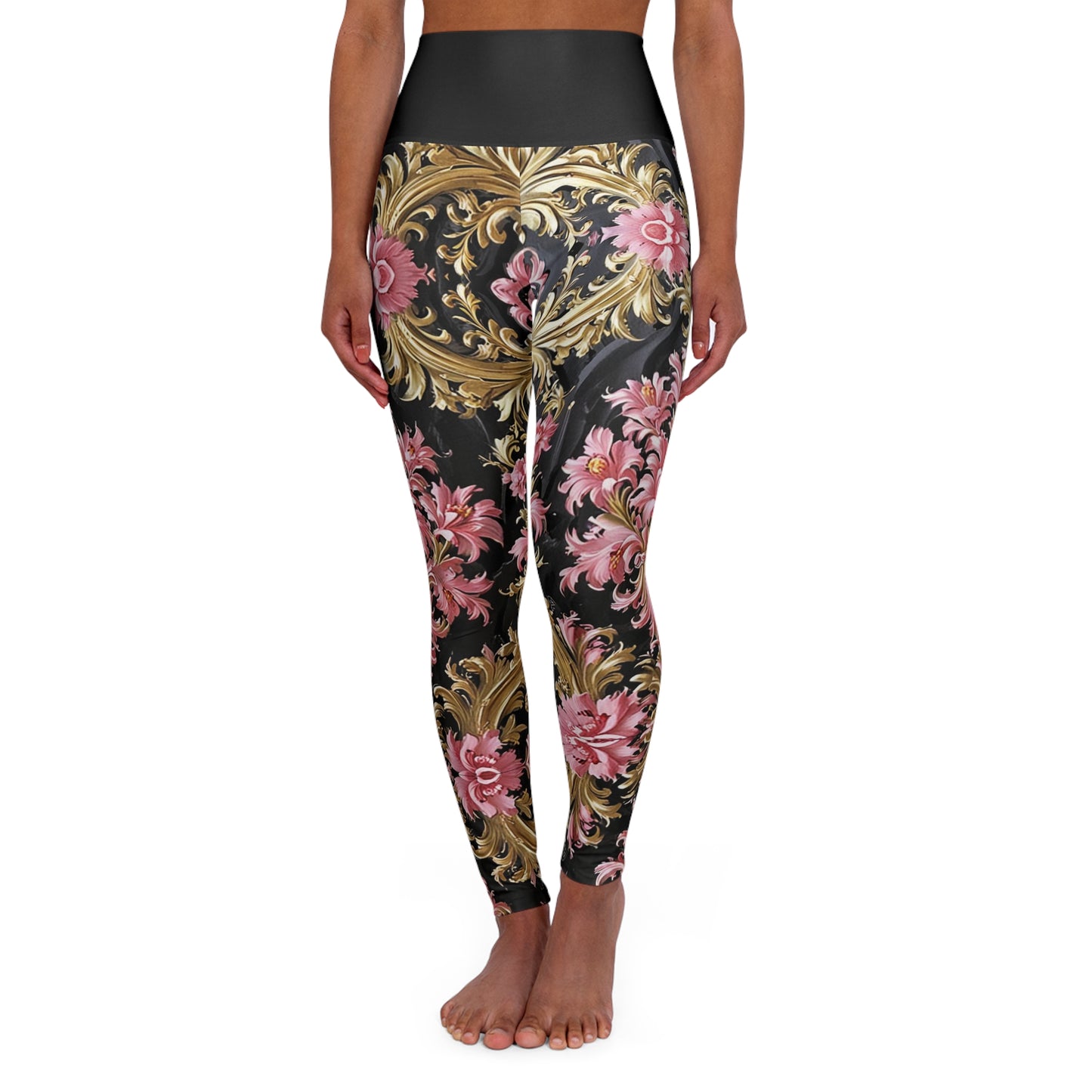 Chic Floral High Waisted Yoga Leggings, Activewear, Fitness Apparel, Exercise Pants, Yoga Gear, Gift for Her - Black & Pink Oil Painting Style Rococo