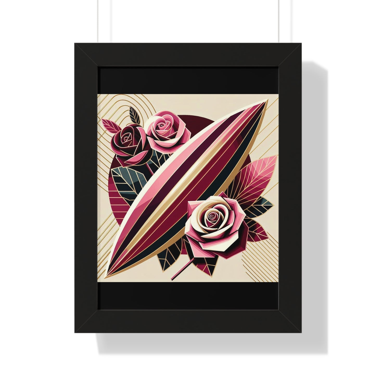 Vertical Poster - Pink & Burgundy Striped Surfboard & Roses Wall Art