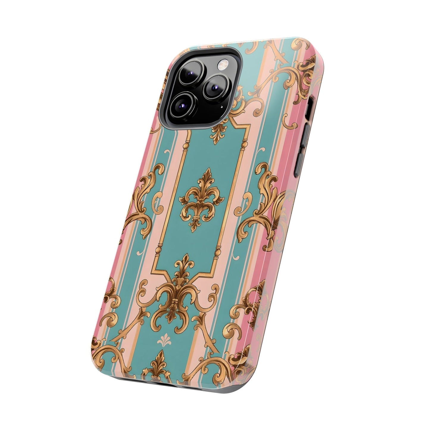 Elegant Floral Tough Phone Case, Artistic Phone Cover, Gift for Her, Chic Phone Accessory - Pink & Matte Turquoise Striped Rococo