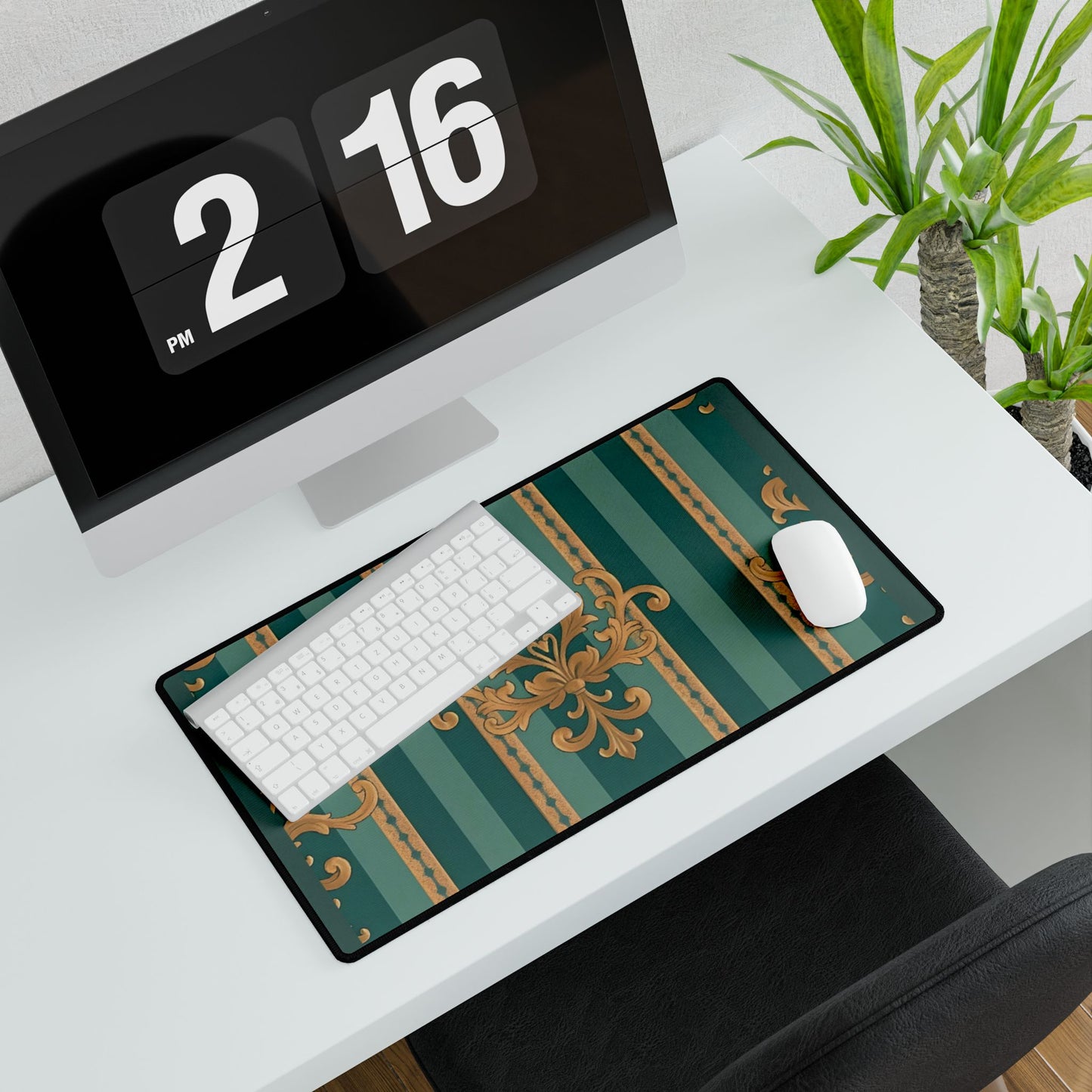 Elegant Floral Motif Desk Mat for Home Office Decor - Teal Striped Gold Damask