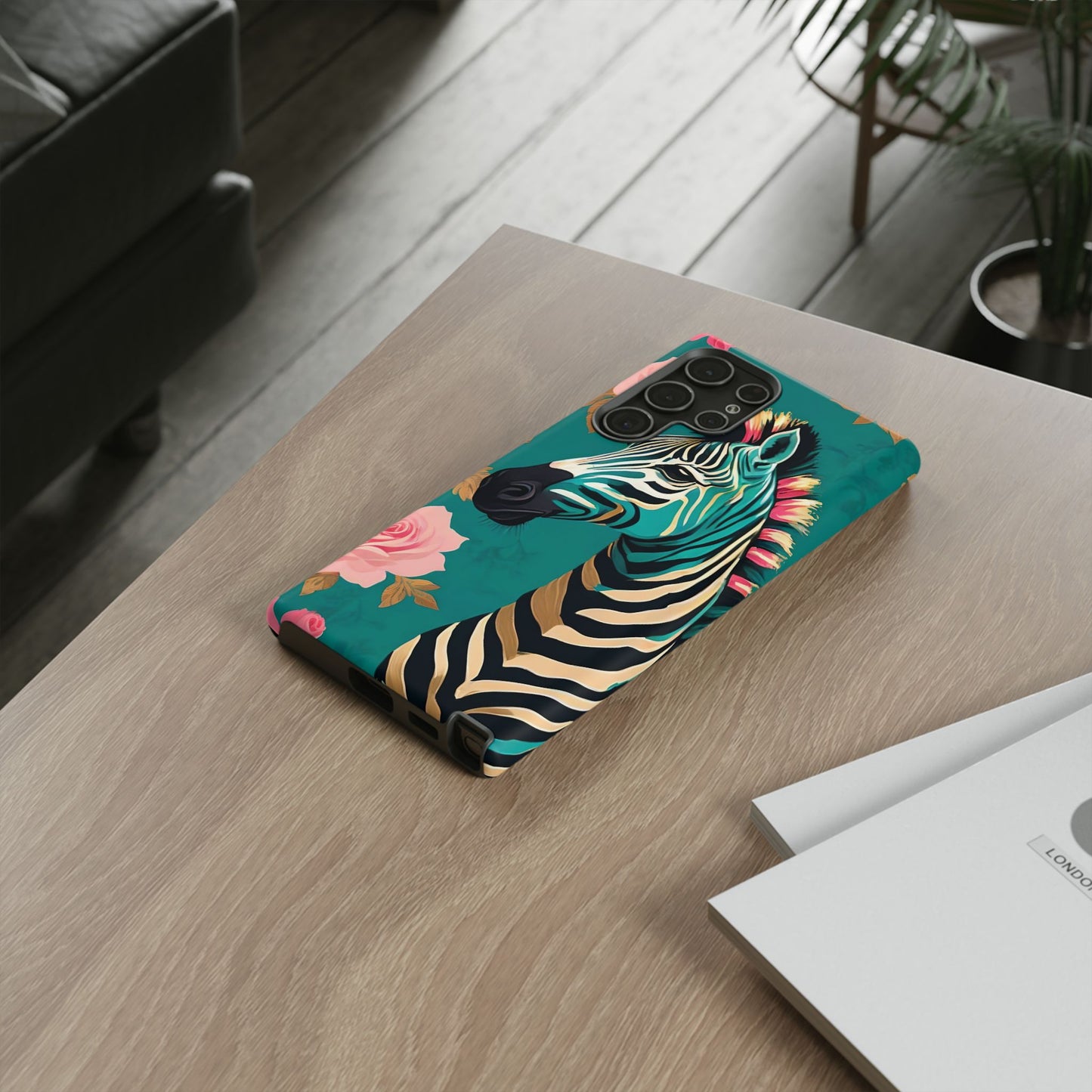 Phone Case - Elegant Teal & Gold Zebra & Roses Design