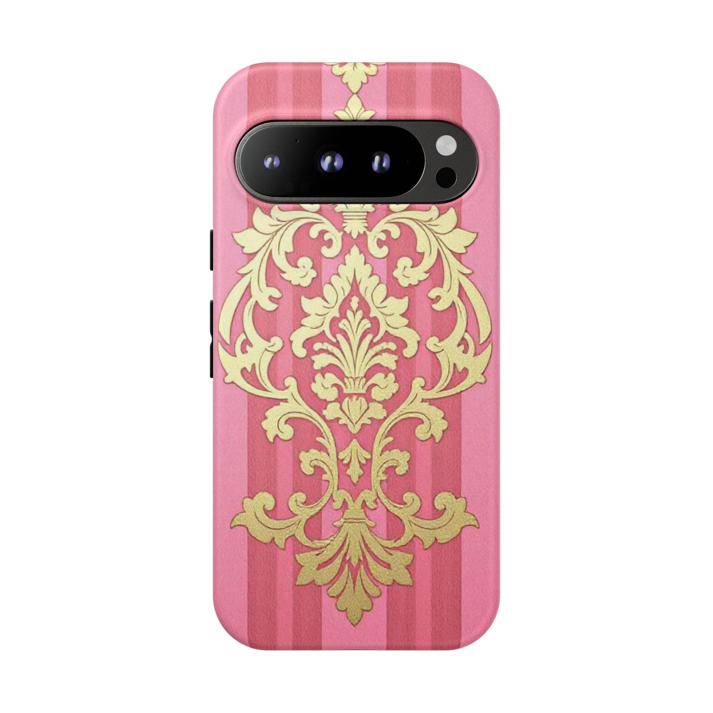Elegant Floral Motif Phone Case - Tough Cases with Vintage Design - Pink Striped Damask