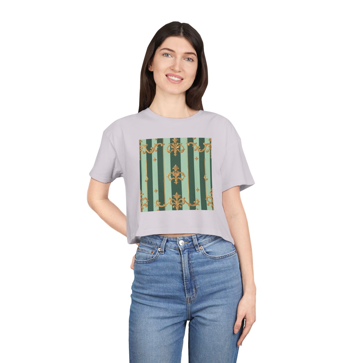 Chic Women's Crop Tee with Elegant Patterns, Fashion Top, Summer Style, Trendy Outfit, Gift for Her - Mint Green & Teal Striped Gold Baroque