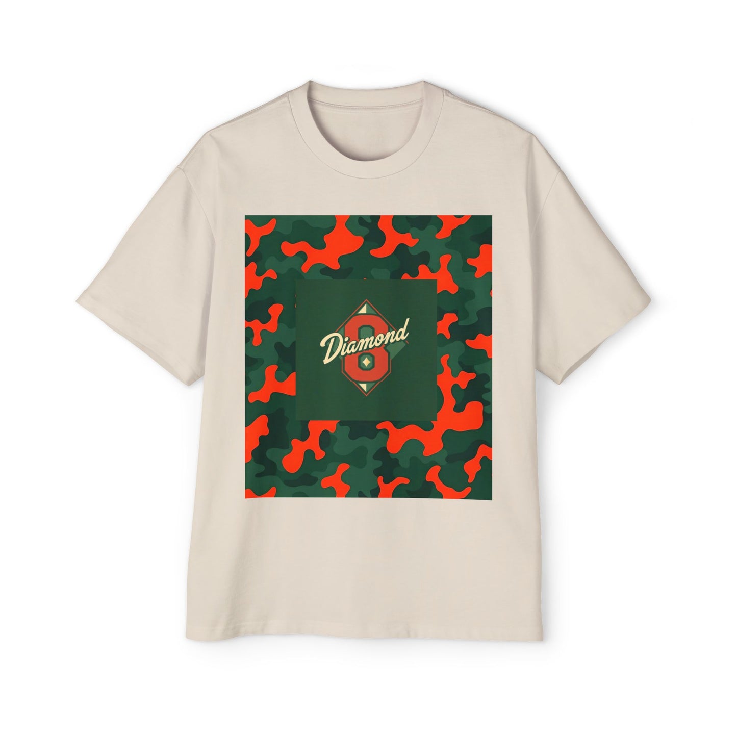 Men's Heavy Oversized Camouflage Tee, Casual Streetwear Shirt, Graphic T-Shirt, Comfortable Everyday Wear, Gift for Him - Green & Orange Camo Diamond 8