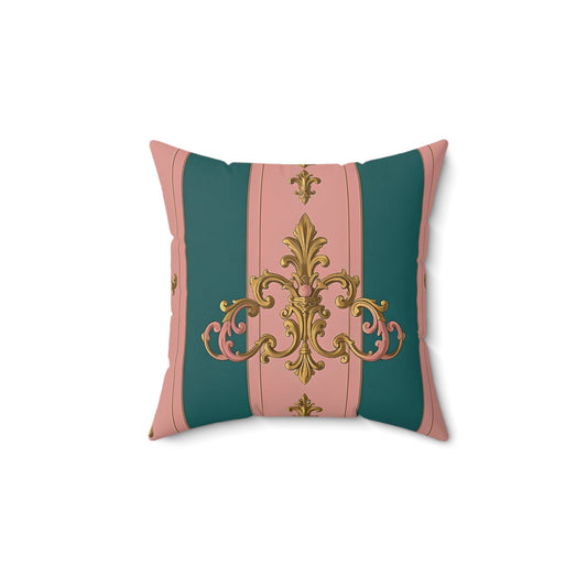 Elegant Faux Suede Pillow with Vintage Floral Design, Home Decor, Cushion for Living Room, Wedding Gift - Pink & Teal Striped Gold Baroque