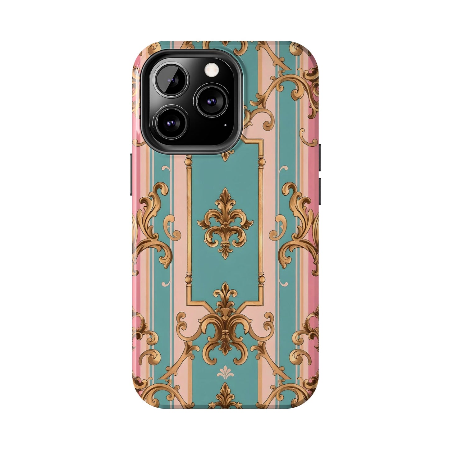 Elegant Floral Tough Phone Case, Artistic Phone Cover, Gift for Her, Chic Phone Accessory - Pink & Matte Turquoise Striped Rococo