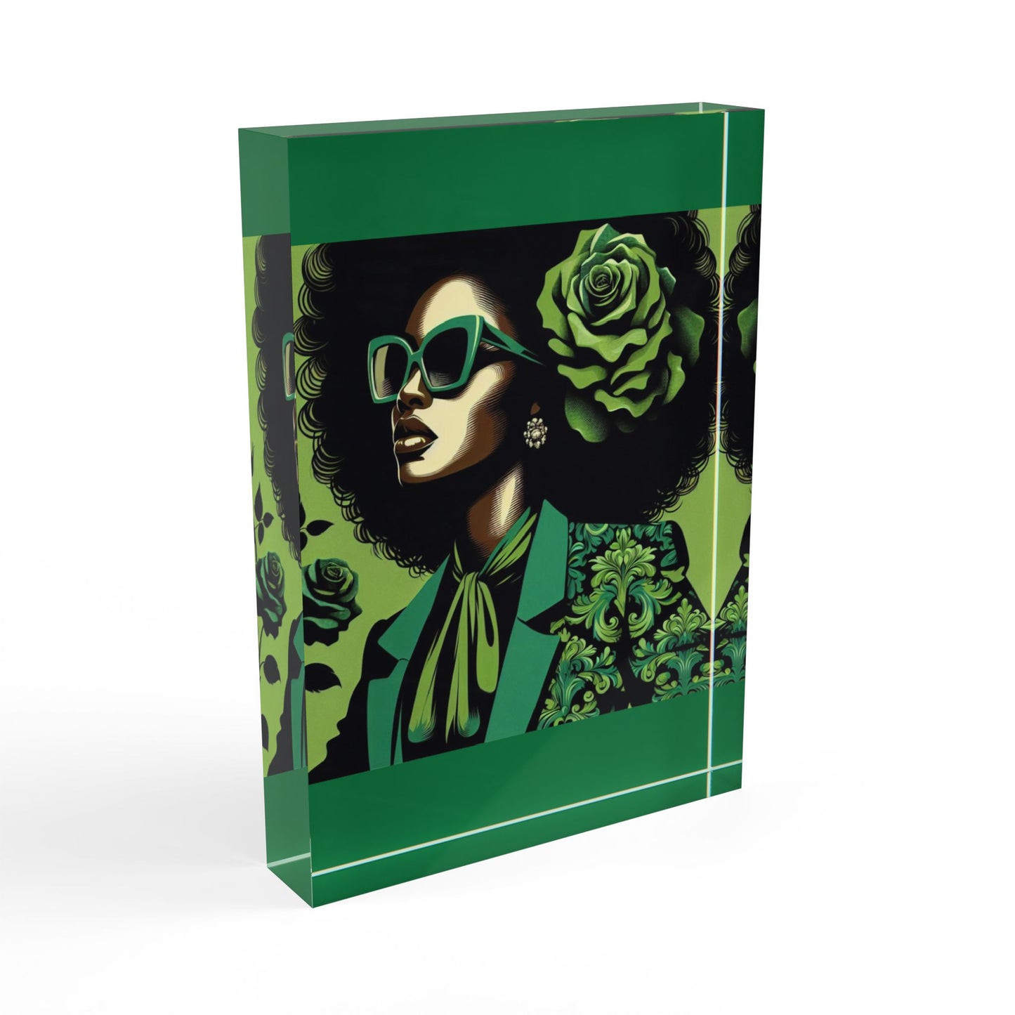 Chic Photo Block Art Display, Elegant Home Decor, Gift for Art Lovers, Modern Office Decor - Lady in Green Damask