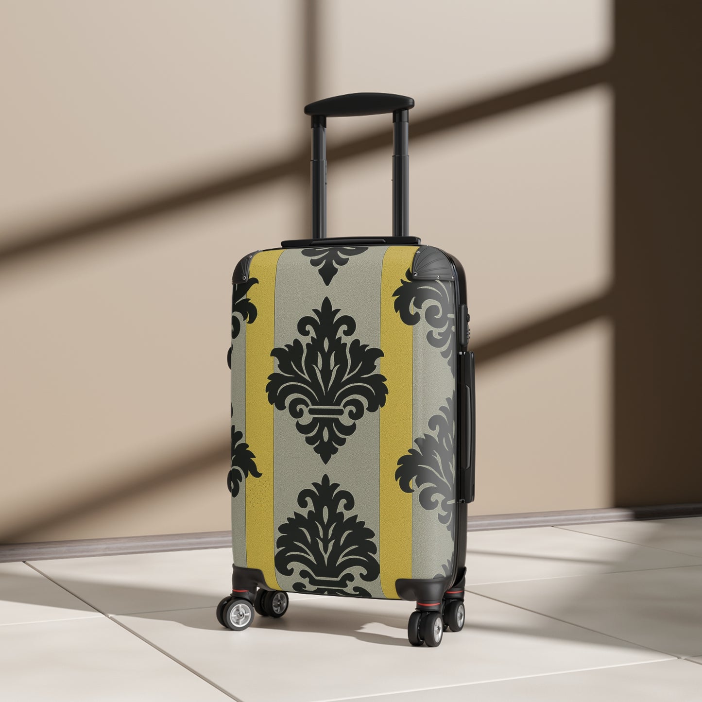 Chic Traveler Suitcase with Elegant Design for Stylish Adventures, Black Luggage, Travel Essential - Silver & Gold Striped Black Baroque
