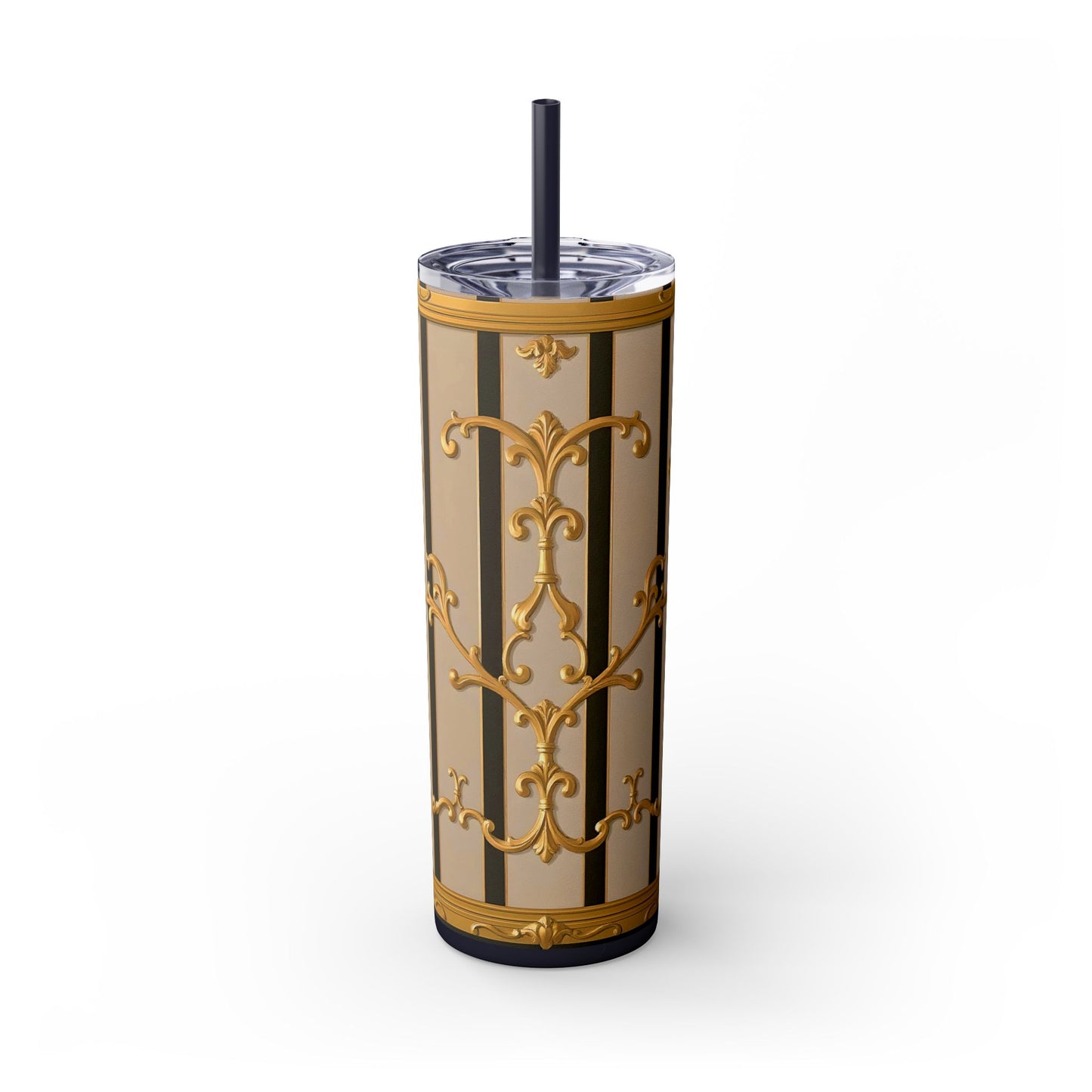 Skinny Tumbler with Straw, 20oz - Beige Striped Gold Rococo