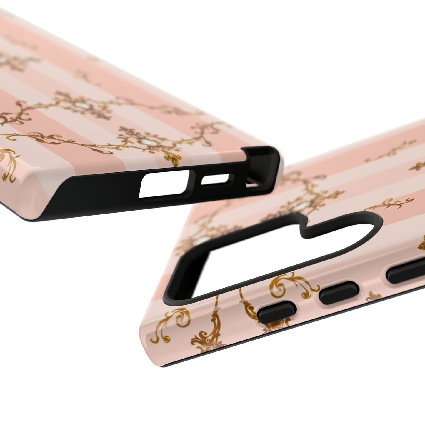 Elegant Floral Phone Case, Tough Cases for Women, Trendy Phone Cover, Chic Gift - Pink Jeweled Striped Gold Baroque