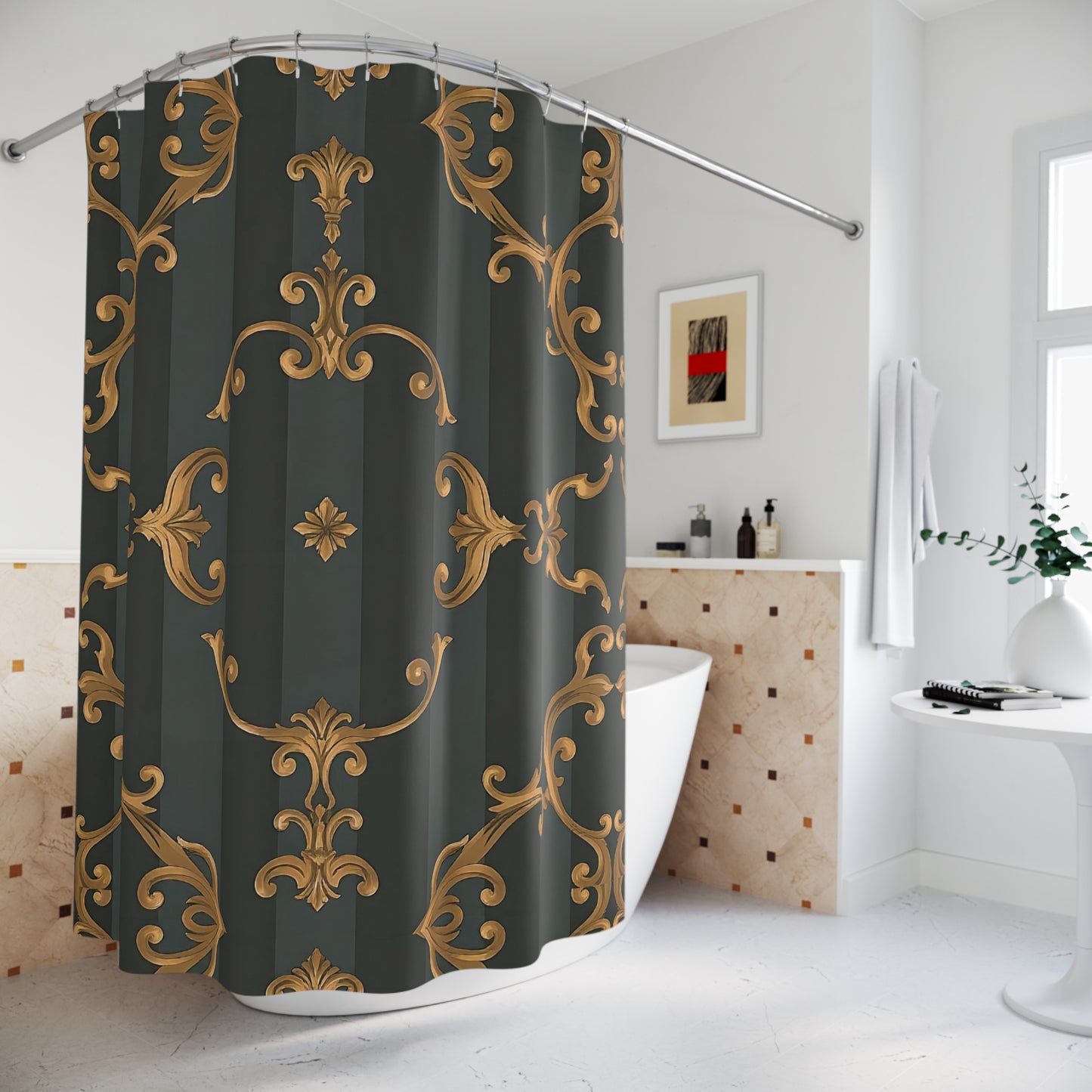 Elegant Vintage Shower Curtain - Luxurious Gold and Dark Design for Stylish Bathrooms - Gray Striped Baroque
