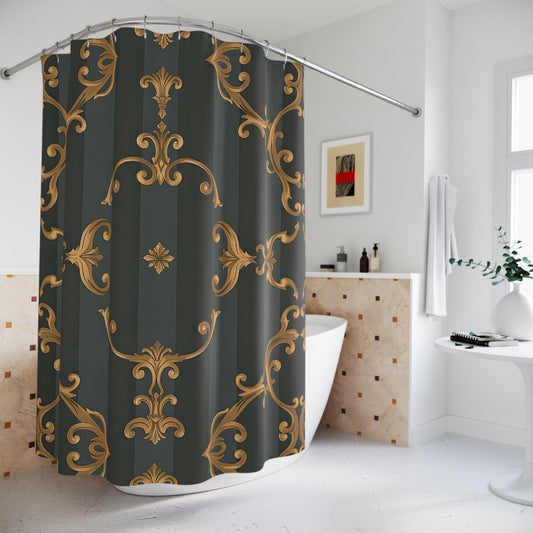 Elegant Vintage Shower Curtain - Luxurious Gold and Dark Design for Stylish Bathrooms - Gray Striped Baroque
