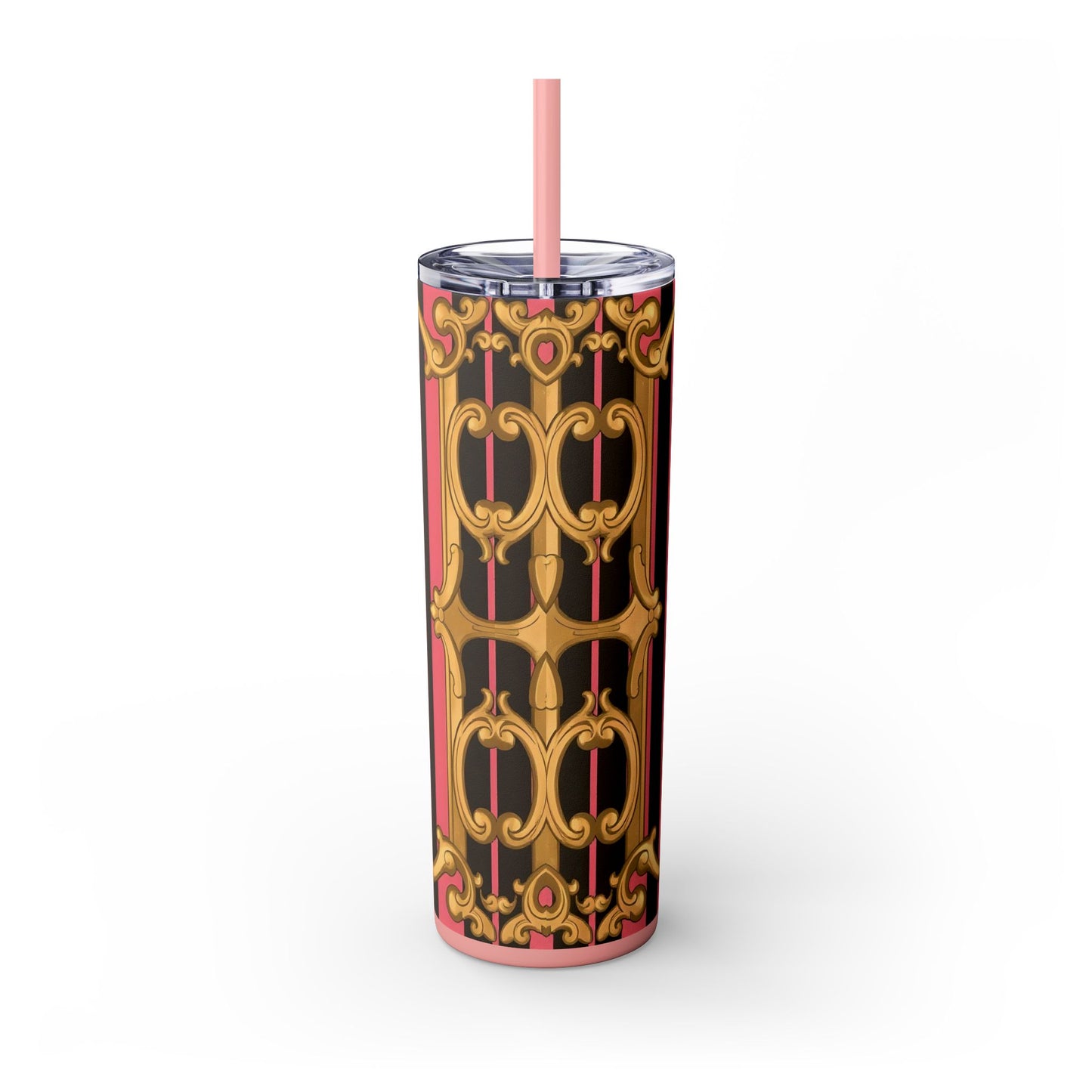 Chic Pink Striped Skinny Tumbler, 20oz | Elegant Travel Mug, Perfect Gift for Birthdays - Pink & Black Striped Gold Baroque