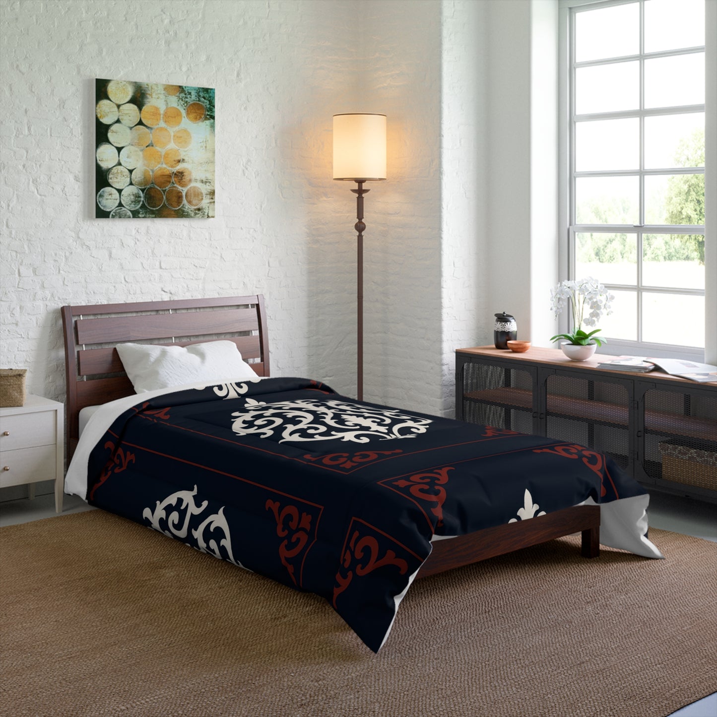 Dusk Blue-Maroon & White Baroque Comforter — Dusk Blue & White Decorative Bedding