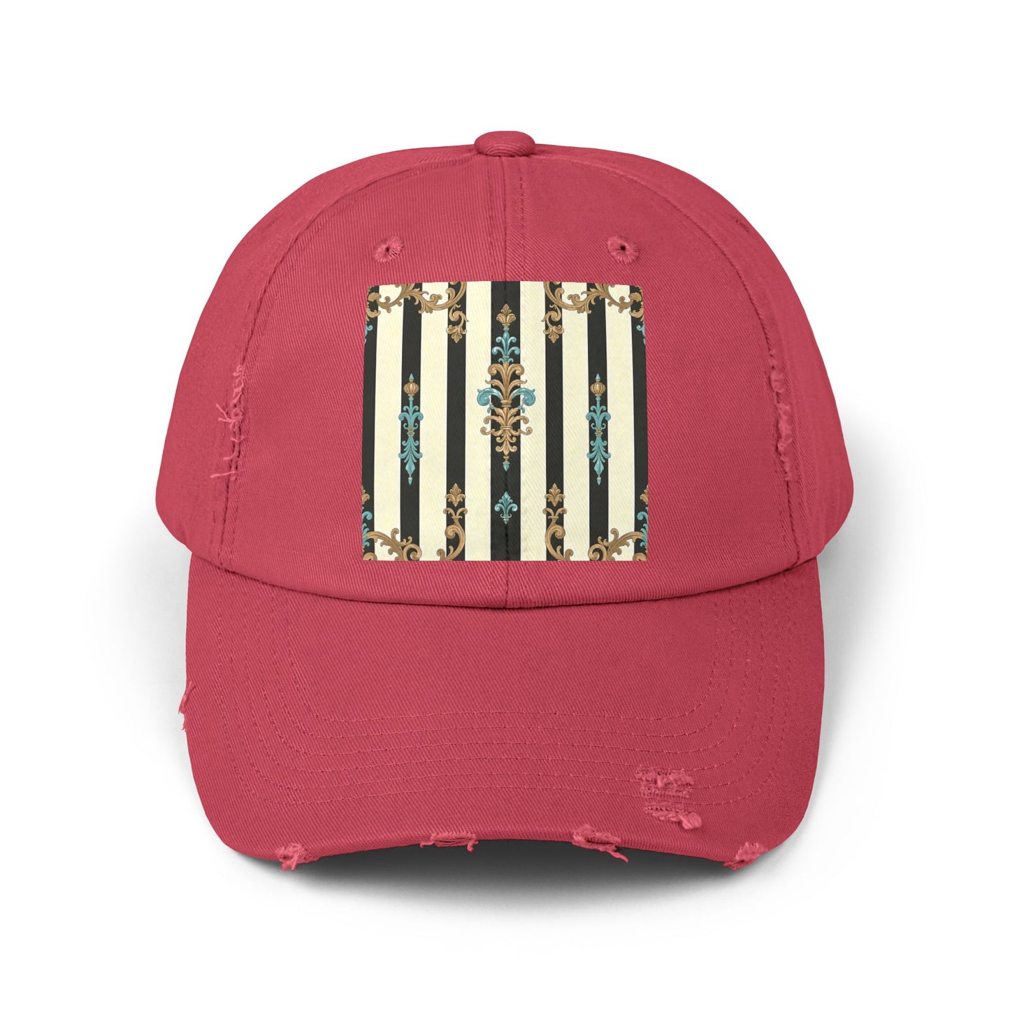 Trendy Distressed Cap for Fashion Lovers, Casual Cap, Gift for Him, Gift for Her - Black Striped Turquoise & Black Rococo
