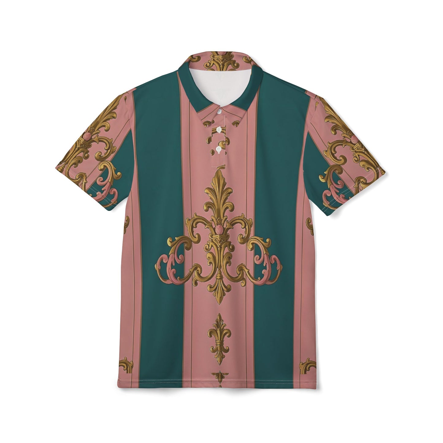 Stylish Unisex Polo Shirt with Elegant Baroque Print | Casual Summer Wear, Mens and Womens Fashion - Pink & Teal Striped Gold Baroque