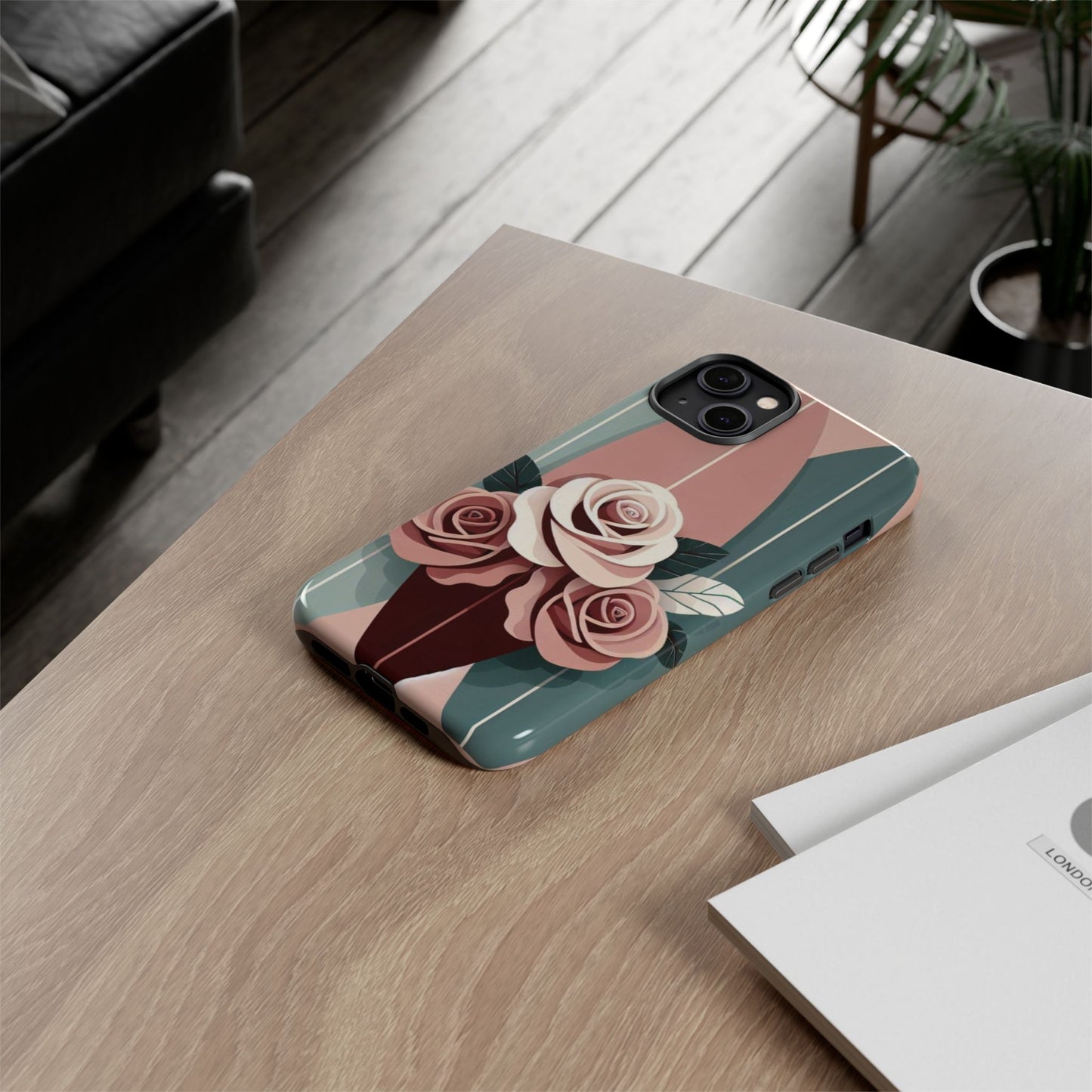 Phone Case - Burgundy, Matte Mauve & Teal Surfboard & Roses Design
