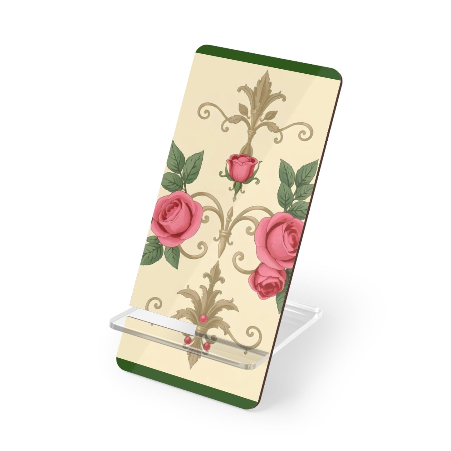 Elegant Floral Smartphone Display Stand -Green Border Roses & Damask - Decorative Mobile Holder