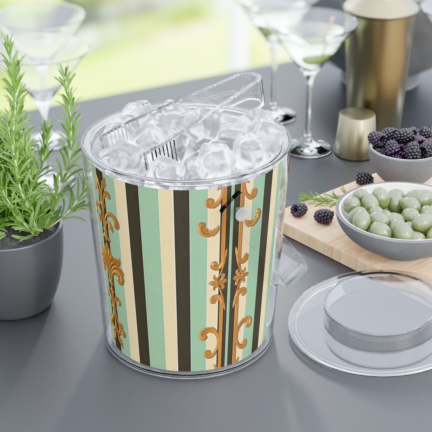 Elegant Ice Bucket with Tongs, Decorative Drink Chiller, Party Essential, Barware Gift - Black & Matte Mint Striped Rococo