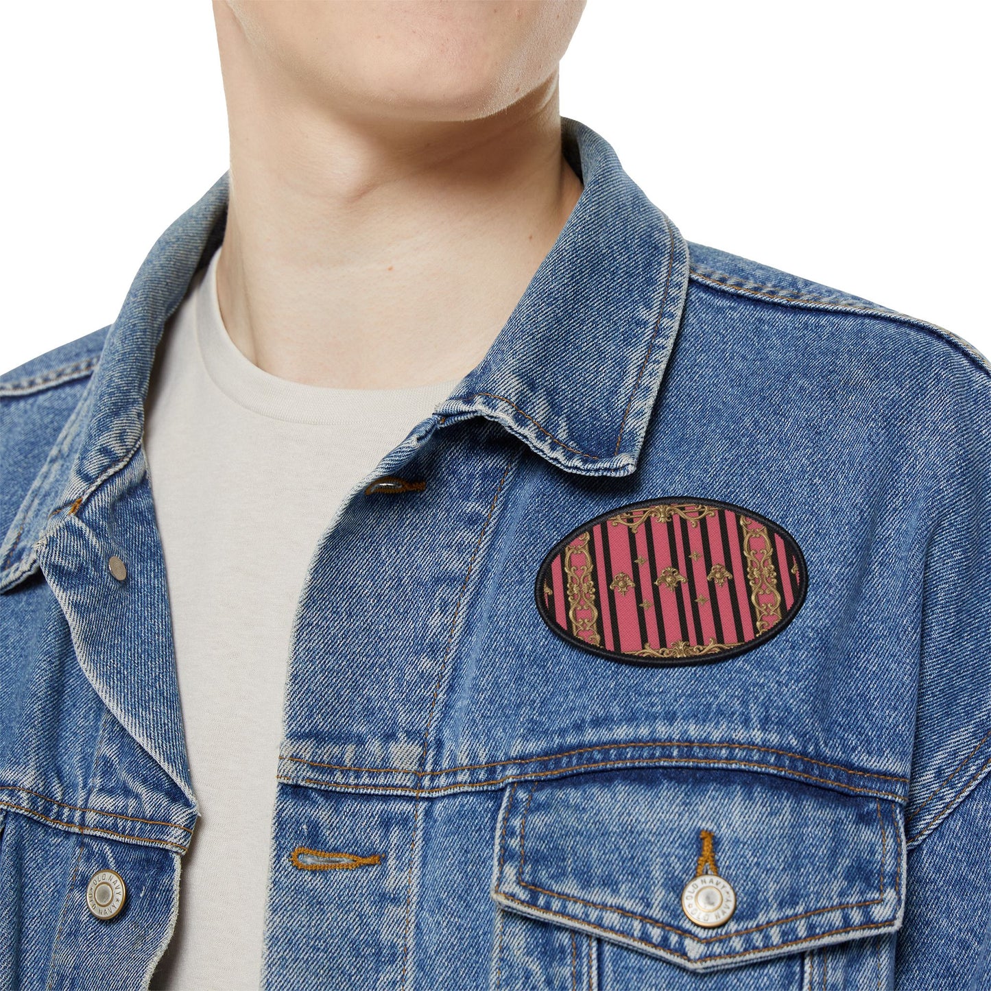 Stylish Iron-On Patches for Jackets, Bags & More, Trendy Embellishments for Fashion Lovers - Pink Striped Gold Rococo